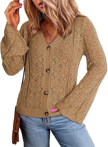 Dokotoo Cardigan Sweaters for Women Long Sleeve Shirts Lightweight Cardigan Button Down Crochet Tops Fall Outfits 2024 Brown