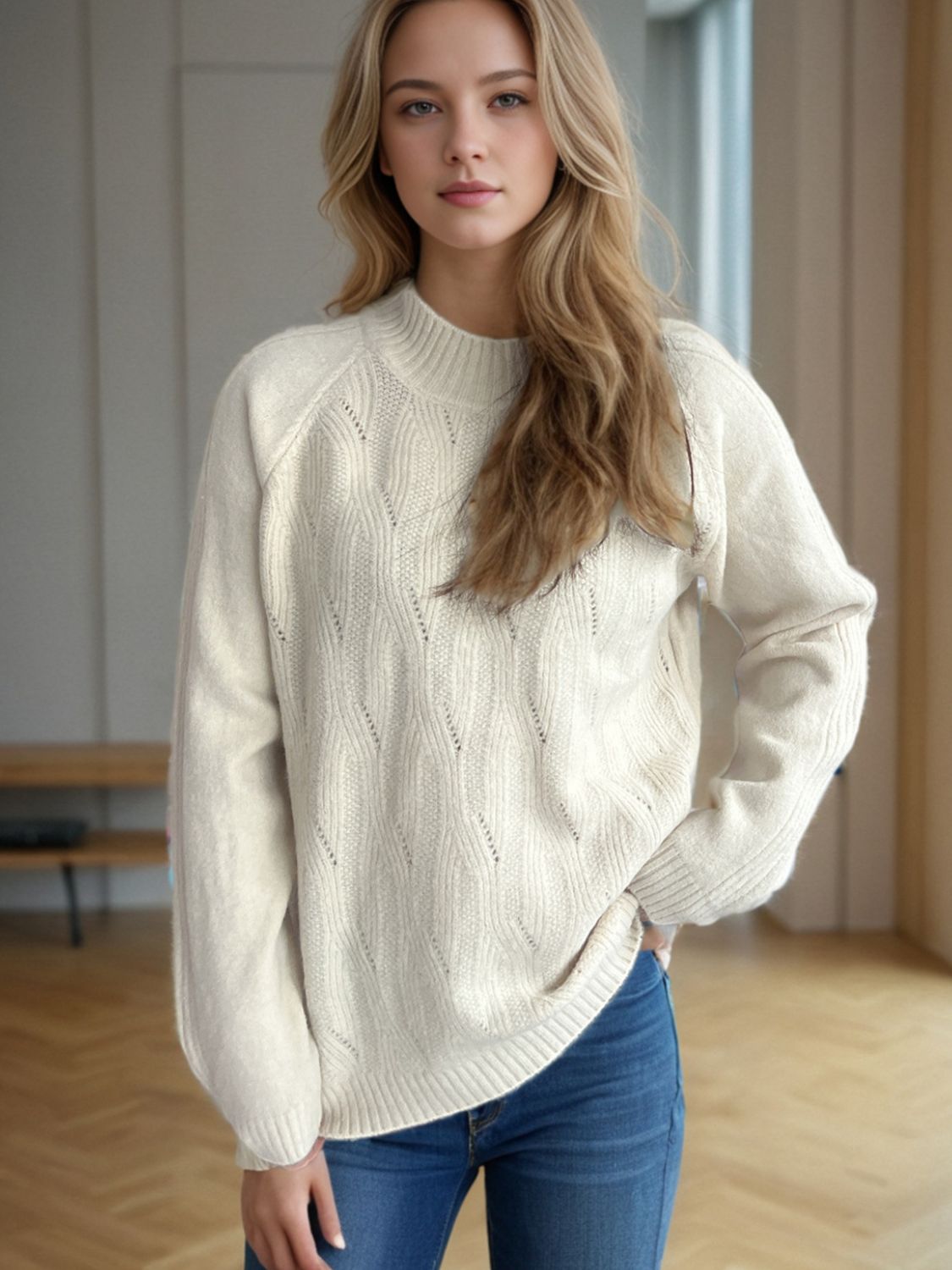 Mock Neck Long Sleeve Sweater Cream One Size