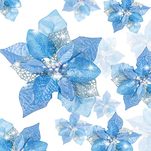 Boao 24 Pieces Christmas Artificial Glitter Poinsettia Flowers Xmas Flowers Wedding Christmas Tree New Year OrnamentsGold Blue