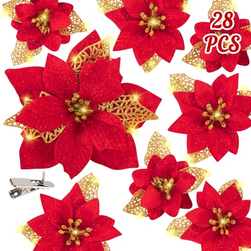 Geefuun 28PCS Christmas Tree Decorations Poinsettias Artificial Flowers Ornaments Xmas Red Glitter Flower with Clips3 SizesNot Included Stems