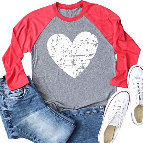 Heart Shirt - Womens Love Heart Raglans TShirts Casual Long Sleeve Valentines Day Graphic Tees Tops