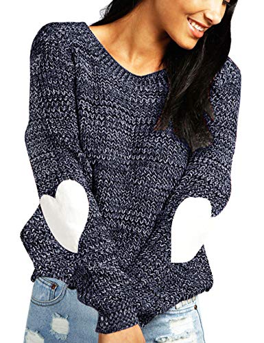 Heart Shirt - shermie Womens Cute Heart Pattern Elbow Patchwork Knitted Sweaters Long Sleeve Crew Neck Casual Pullover A Thick Navy