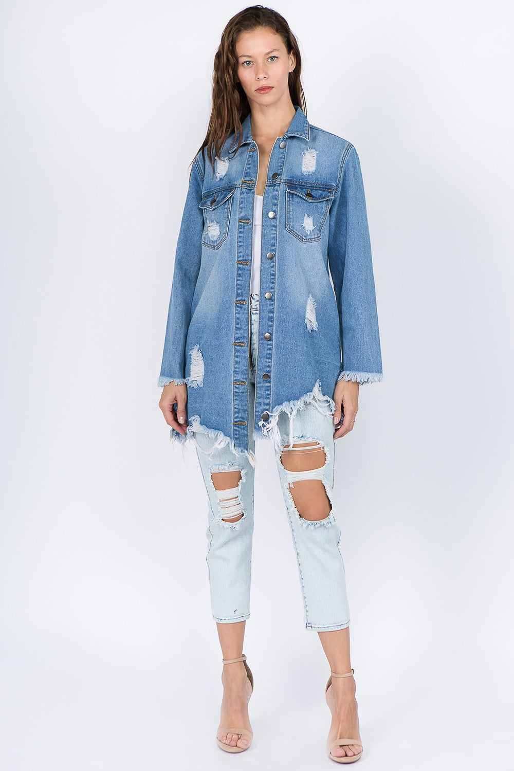 Women's Distressed Denim Jacket with Frayed Hem