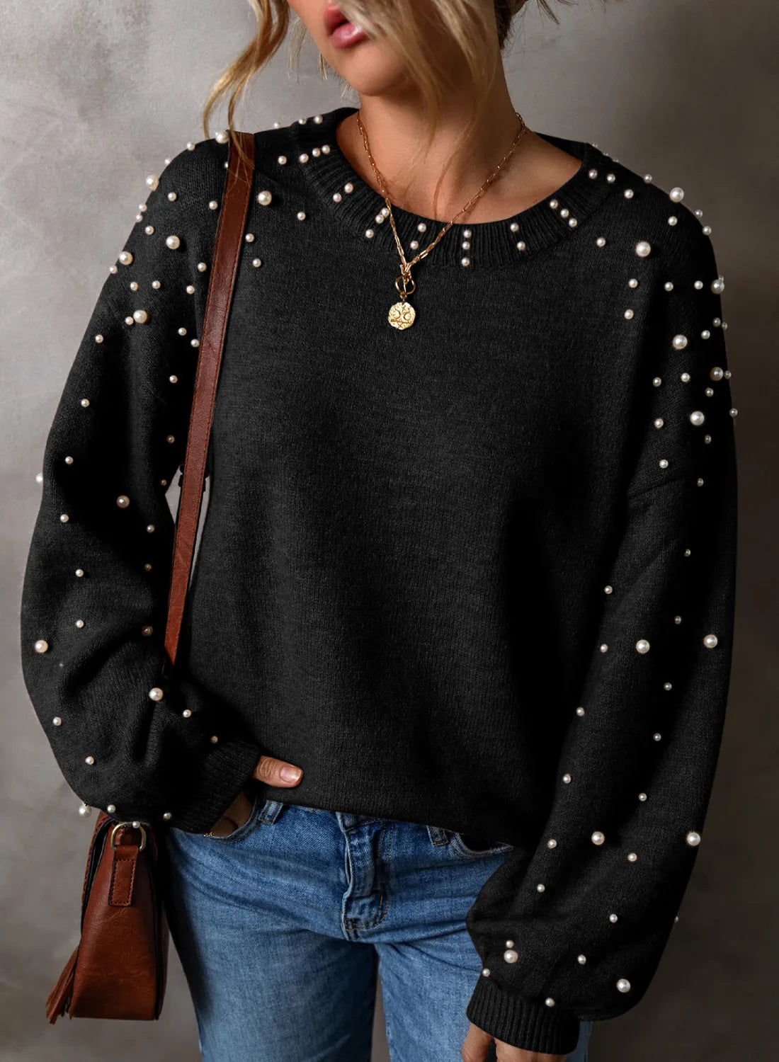 Pearl Detail Round Neck Long Sleeve Sweater Black