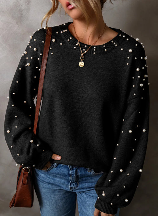 Pearl Detail Round Neck Long Sleeve Sweater Black