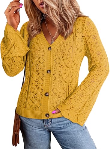 Dokotoo Cardigan Sweaters for Women Long Sleeve Shirts Lightweight Cardigan Button Down Crochet Tops Fall Outfits 2024 Yellow