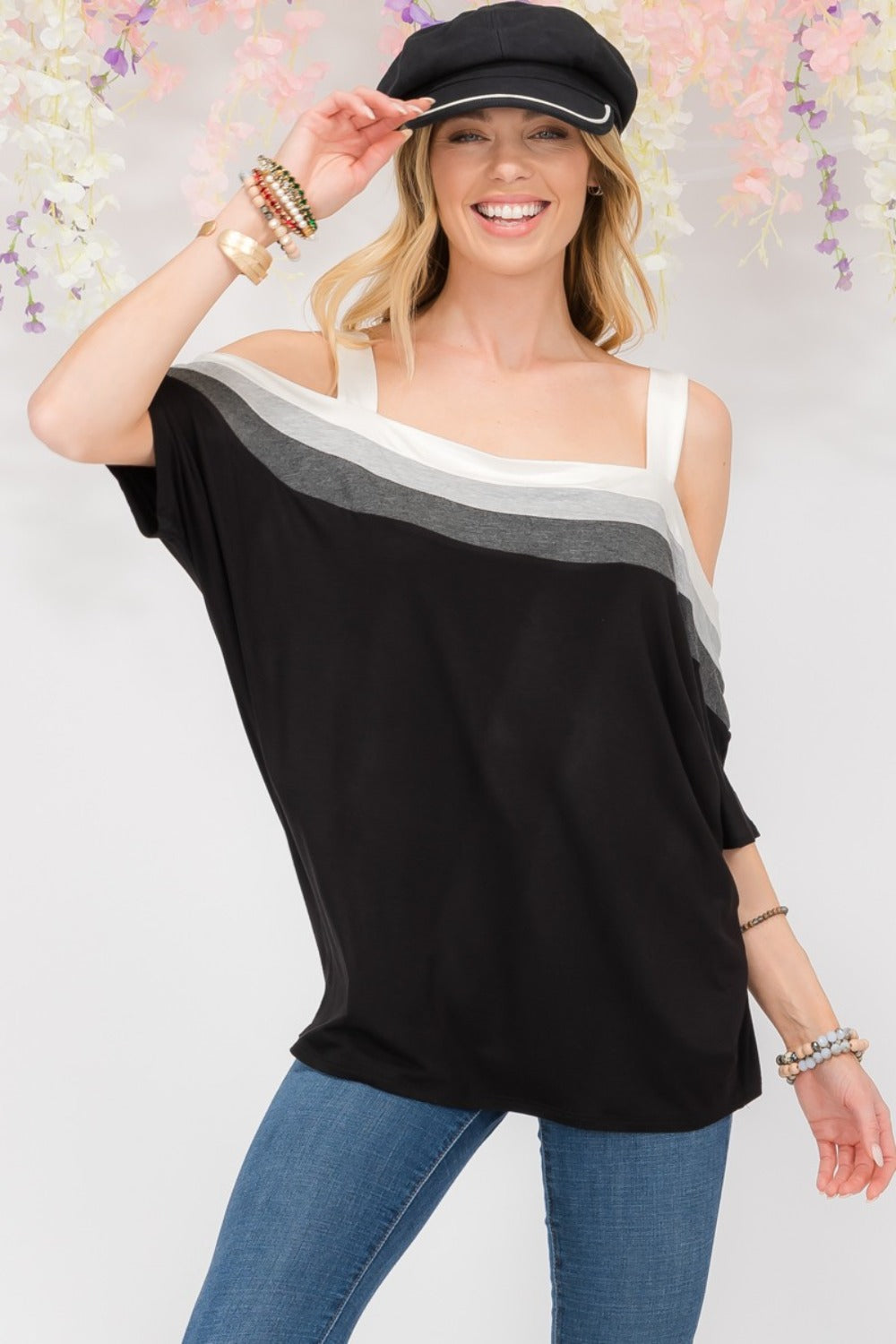 Striped Cold Shoulder Top Black Ivory