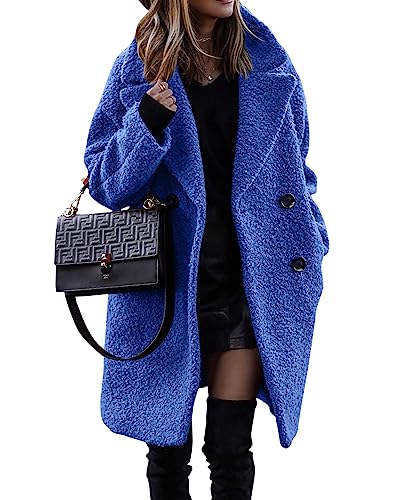 Blue Coat - BTFBM Women 2024 Winter Faux Fur Coats Lapel Long Sleeve Fuzzy Fleece Outerwear Button Down Sherpa Jackets Fall Outfits