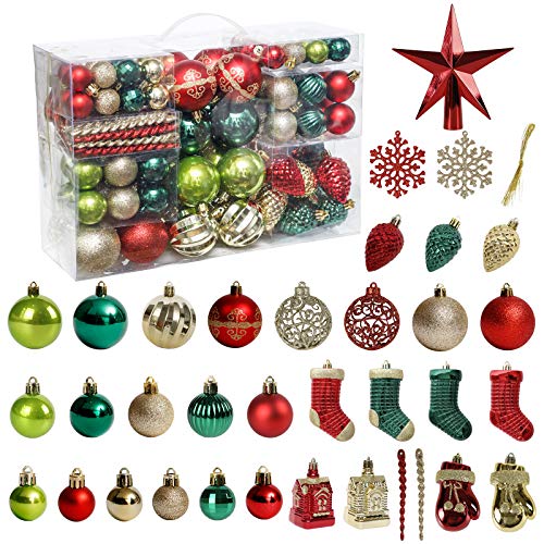 Christmas Tree Ornament 132pcs Christmas Tree Decoration Set Red Green Gold Christmas Ball Shatterproof Hanging Tree Ornament Assortment Set