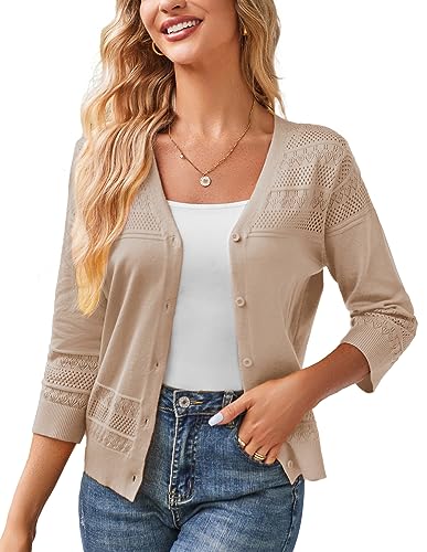 GRACE KARIN Womens 2024 Cropped Cardigan 34 Sleeve Lightweight Crochet Shrug HollowedOut Knit Sweater Tops Khaki