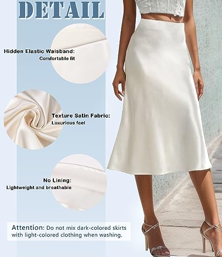 Cream Satin Skirt Outfit - Womens Satin High Waist Hidden Elasticized Waistband Flared Casual A Line Midi Skirt