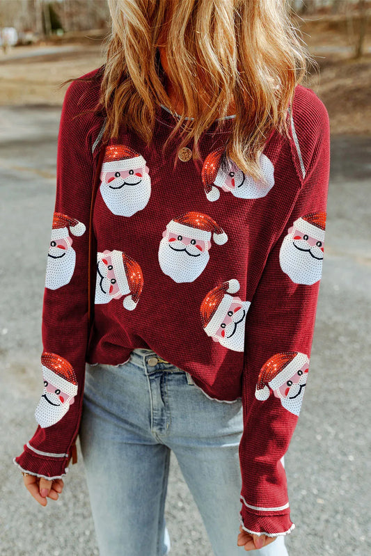 Sequin Santa Round Neck Long Sleeve Blouse Scarlet