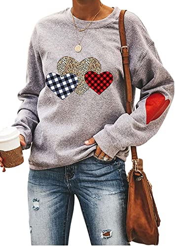 Heart Shirt - Ykomow Valentines Day Shirts Women Plaid Love Heart Valentines Day Sweatshirts Raglan Tops Grey-2