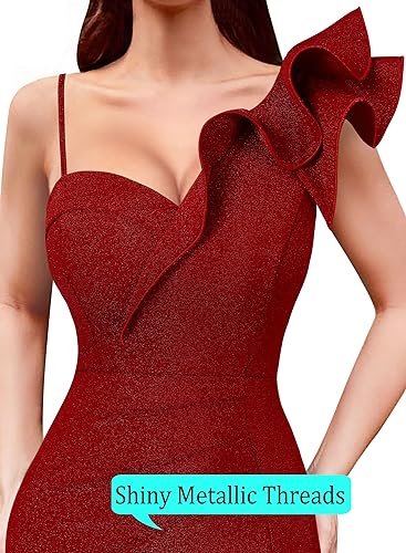 Radiant Metallic Gown - VFSHOW Womens Ruffle One Shoulder Strap Ruched Formal Prom Wedding Maxi Dress V Neck Elegant Split Cocktail Evening Long Gown