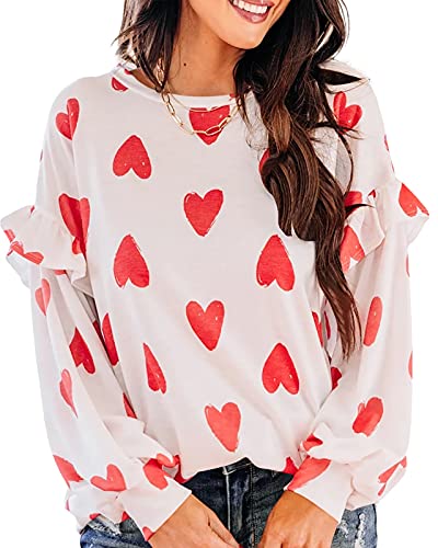 Heart Shirt - Ivay Womens Heart Printed Long Sleeve Tops Tee Shirts Z-white-red