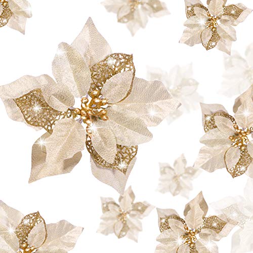 Boao 24 Pieces Christmas Artificial Glitter Poinsettia Flowers Xmas Flowers Wedding Christmas Tree New Year OrnamentsGold