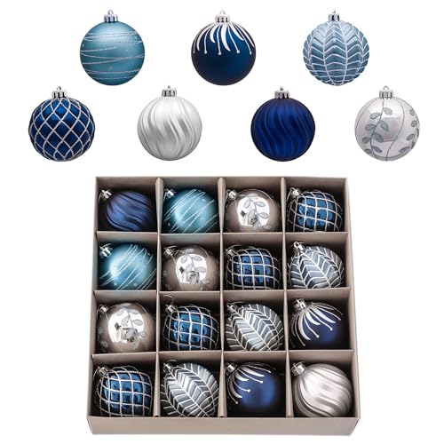 Valery Madelyn Christmas Ornaments Set 16ct Navy Blue and Silver Shatterproof Fall Christmas Tree Decorations Ball Ornaments Bulk 315 Inches Elegant Hanging Ornaments for Xmas Trees Decor