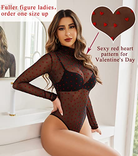 Heart Shirt - Avidlove Long Sleeve Bodysuit for Women Turtleneck Sheer Mesh Bodysuit Geo Print Leotards