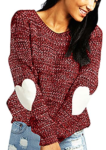 Heart Shirt - shermie Womens Cute Heart Pattern Elbow Patchwork Knitted Sweaters Long Sleeve Crew Neck Casual Pullover A Thick Wine-red