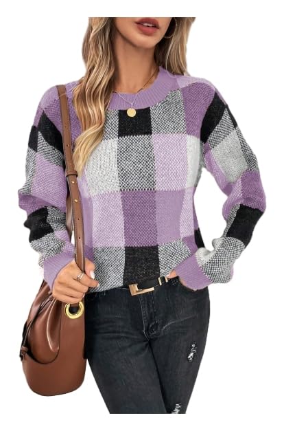 Orange and White Checkered Sweater - GORGLITTER Womens Argyle Checkered Sweater Plaid Long Sleeve Fall Knit Sweater Pullover Tops Mauve Purple