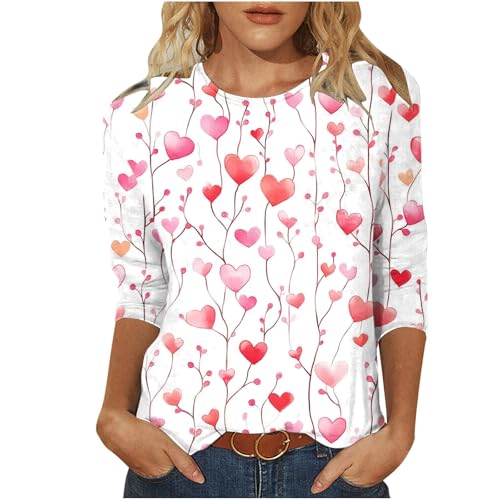 Valentines Day Shirts for Women Aesthetic Cute Love Heart Print TShirt 34 Length Sleeve Tunic Tops Cotton Pullovers 1#white