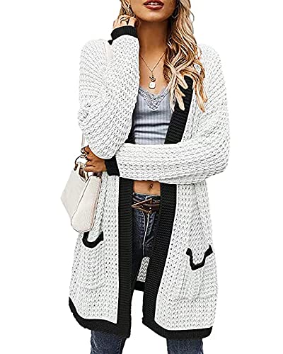 Alaster Queen Womens Open Front Cardigan Button Down High Low Hem Knitted Cardigan Outwear with Pockets Sw-white