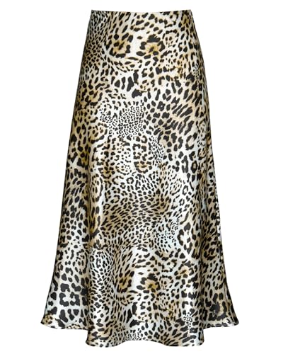 Cream Satin Skirt Outfit - Womens Satin High Waist Hidden Elasticized Waistband Flared Casual A Line Midi Skirt Cheetah