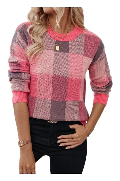 Orange and White Checkered Sweater - GORGLITTER Womens Argyle Checkered Sweater Plaid Long Sleeve Fall Knit Sweater Pullover Tops Hot Pink