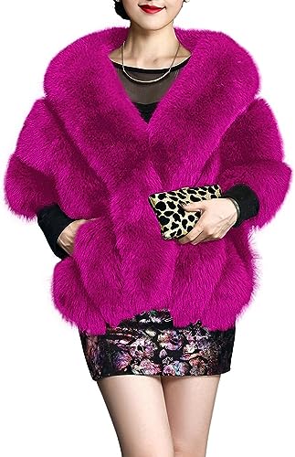 Hot Pink Fur Coat - UMREN Womens Luxury Party Faux Fox Fur Long Shawl Cloak Cape for Winter