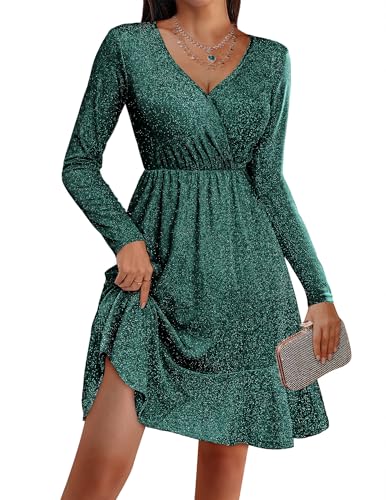 Christmas Party Dress - Zeagoo Long Sleeve Womens Glitter Dress Wrap V Neck Swing Club Cocktail Party Dresses Sequin Sparkle Dress Fall Dress 2024