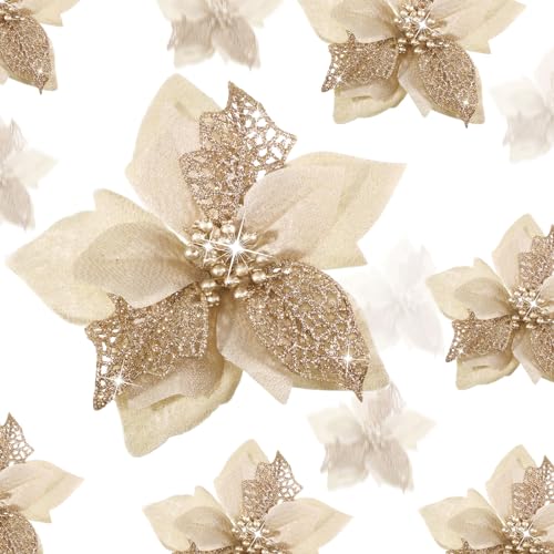 Boao 24 Pieces Christmas Artificial Glitter Poinsettia Flowers Xmas Flowers Wedding Christmas Tree New Year OrnamentsGold Champagne