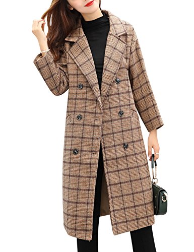 Blue Coat - Tanming Womens Notch Lapel Double Breasted Wool Blend Mid Long Pea Trench Coat Khaki-plaid