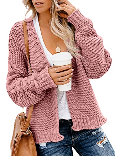 Dokotoo Womens Open Front Long Sleeve Chunky Knit Cardigan Sweaters Loose Outwear Coat C Pink