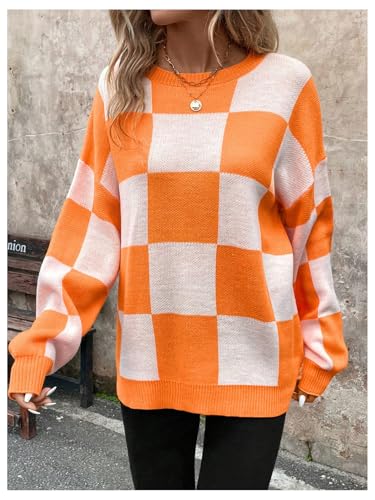 Orange and White Checkered Sweater - GORGLITTER Womens Argyle Checkered Sweater Plaid Long Sleeve Fall Knit Sweater Pullover Tops