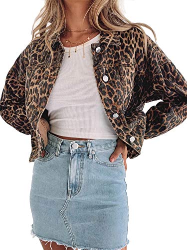 Leopard Print Denim Jacket - Justalwart Denim Jacket for Women Leopard Print Retro Shape Buttonup Front Bomber Jacket