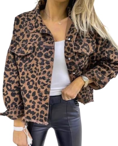 Leopard Print Denim Jacket - OCUH Jean Jacket Women Leopard Print Jacket Button Up Loog Sleeve Crop Jacket Y2k Streetwear Women Spring Jacket Casual