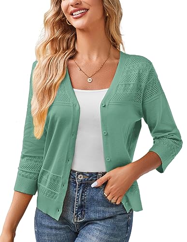 GRACE KARIN Womens 2024 Cropped Cardigan 34 Sleeve Lightweight Crochet Shrug HollowedOut Knit Sweater Tops Lake Blue