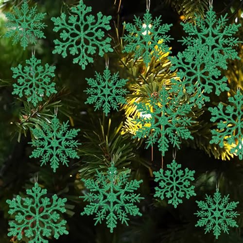 36pcs SnowflakesChristmas Tree Decorations Snowflake Ornaments for Tree Plastic Glitter White Snow Flakes Ornaments Christmas Indoor Winter Wonderland Decor Green