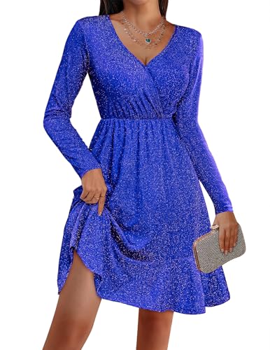 Christmas Party Dress - Zeagoo Long Sleeve Womens Glitter Dress Wrap V Neck Swing Club Cocktail Party Dresses Sequin Sparkle Dress Fall Dress 2024 Blue