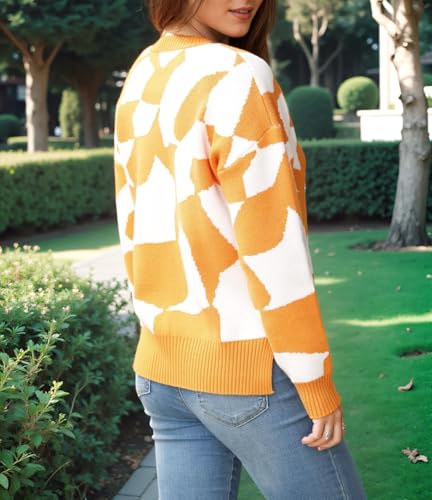 Orange and White Checkered Sweater - CCTOO Womens Checkered Oversized Sweater Crewneck Long Sleeve Fall 2024 Knit Pullover with Side Slits