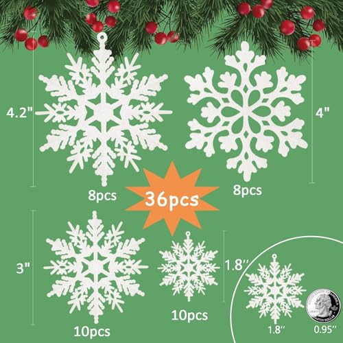 36pcs SnowflakesChristmas Tree Decorations Snowflake Ornaments for Tree Plastic Glitter White Snow Flakes Ornaments Christmas Indoor Winter Wonderland Decor