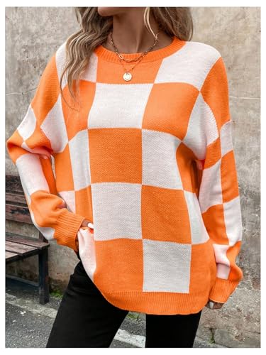 Orange and White Checkered Sweater - GORGLITTER Womens Argyle Checkered Sweater Plaid Long Sleeve Fall Knit Sweater Pullover Tops