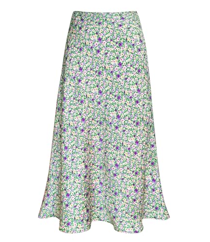 Cream Satin Skirt Outfit - Womens Satin High Waist Hidden Elasticized Waistband Flared Casual A Line Midi Skirt Floral Green 01