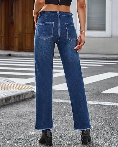 Rfm Jeans - GRAPENT Straight Leg Jeans for Women High Waisted Stretchy Frayed Raw Hem Loose Denim Pants Casual Baggy Jean Trousers