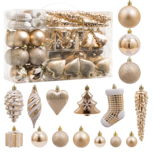 70 Pieces Christmas Ball Decoration Set Shatterproof Hanging Christmas Xmas Tree Ornaments Indoor Outdoor Decoration for Wreath and Party Decorations Champagne Gold