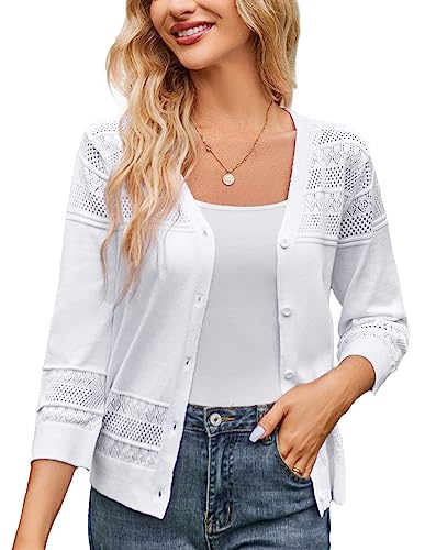 GRACE KARIN Womens 2024 Cropped Cardigan 34 Sleeve Lightweight Crochet Shrug HollowedOut Knit Sweater Tops Bright White