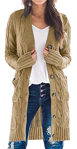 Yellow Cardigan - PRETTYGARDEN Long Sleeve Cable Knit Long Cardigan for Women 2024 Fall Winter Chunky Open Front Button Sweaters with Pockets Khaki