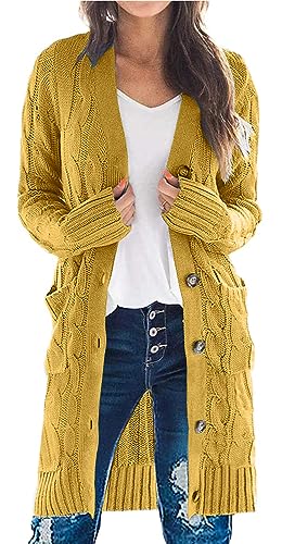 Yellow Cardigan - PRETTYGARDEN Long Sleeve Cable Knit Long Cardigan for Women 2024 Fall Winter Chunky Open Front Button Sweaters with Pockets