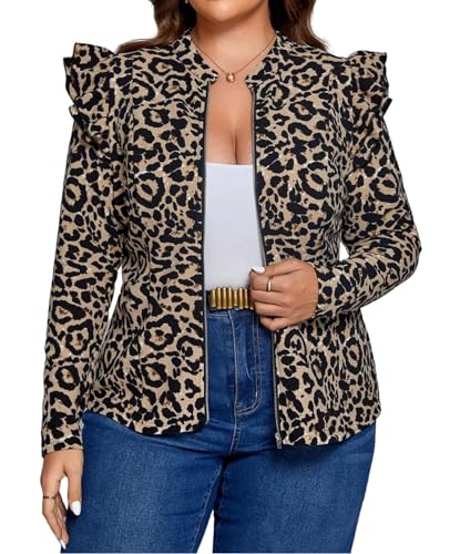 Leopard Print Denim Jacket - LifeShe Women Ruffled Leopard Denim Jacket Stand Collar Zip Up Jean Jacket with Flap Pocket