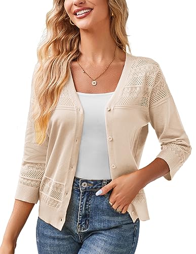 GRACE KARIN Womens 2024 Cropped Cardigan 34 Sleeve Lightweight Crochet Shrug HollowedOut Knit Sweater Tops Beige